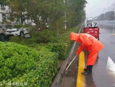 环卫工人辛勤徒手清理落叶杂物，保障城市排水畅通